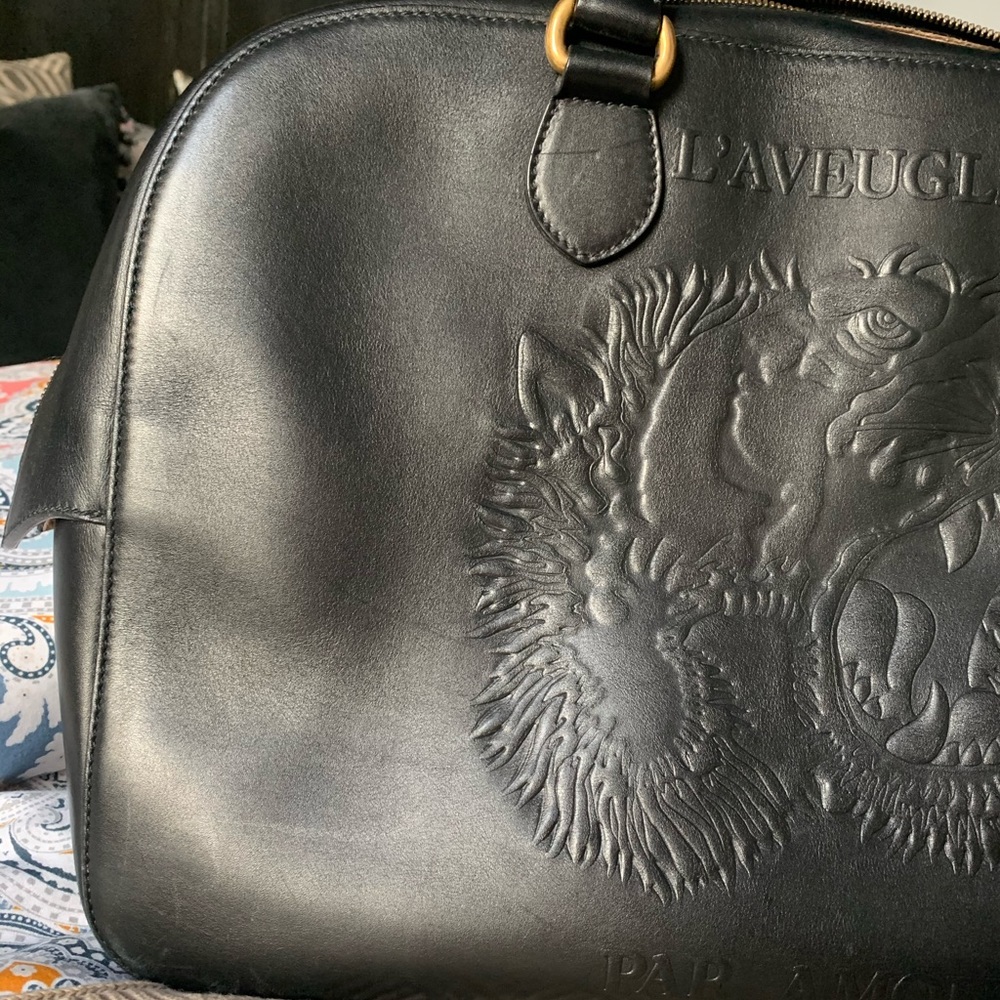 Gucci black leather Rajah tiger top handle tote overnight bag weekender - Picture 8 of 16